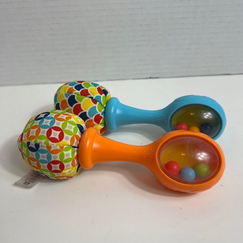 Fisher Price Rattle N Rock Maraca Lot Of 2 Squishy Bottom Blue Orange
